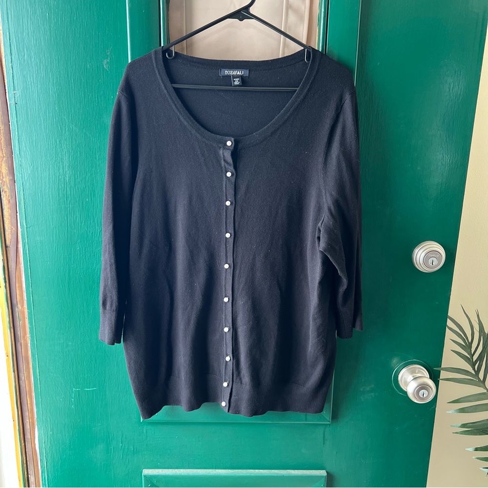 Roz & Ali Black Button-Front Women's Cardigan with Pearl-Style Buttons